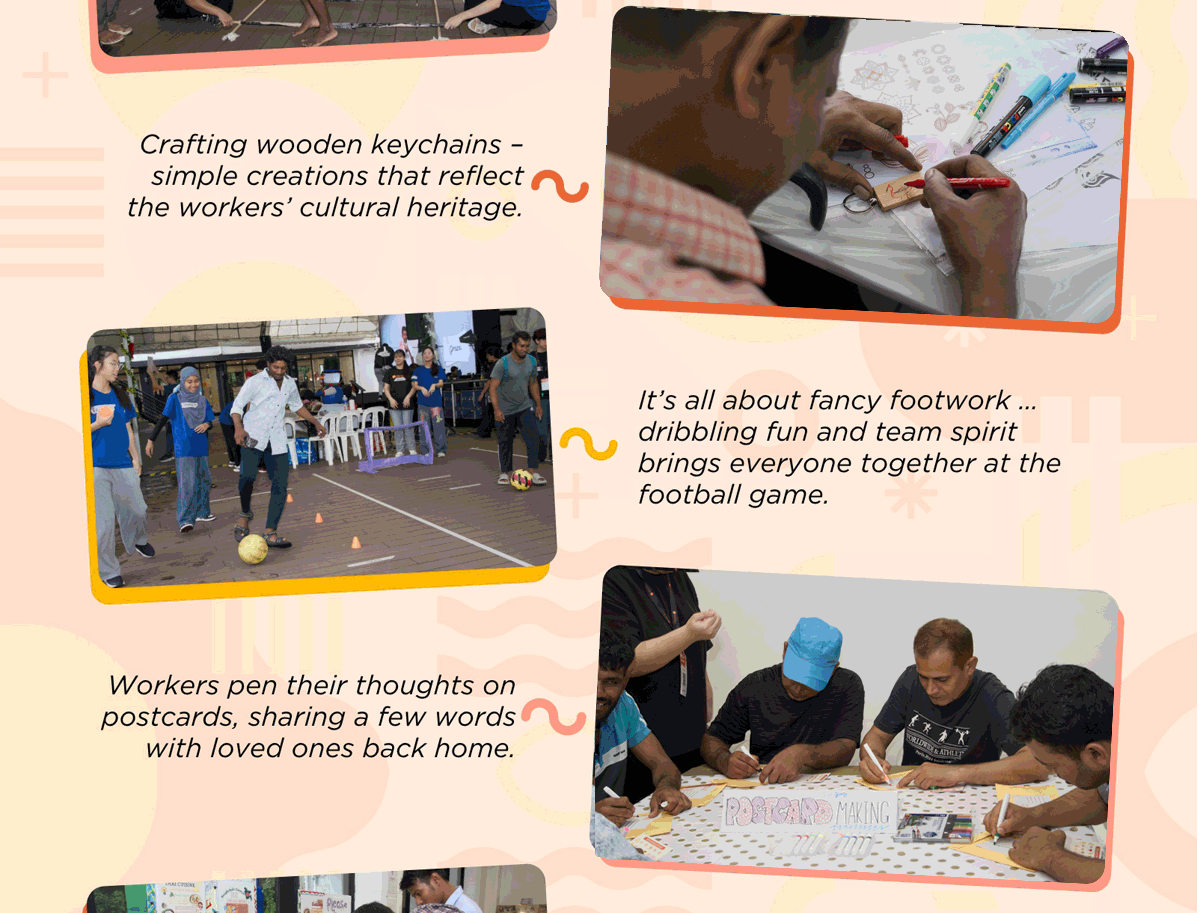 Collage of workers crafting keychains, playing football, and writing postcards at a community event.
